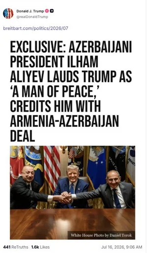 Трамп репостнул материал о заявлении Алиева на Шушинском глобальном медиафоруме